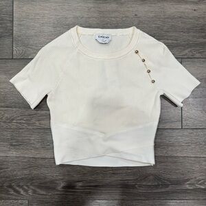 Bebe White Beige Short sleeve cutout Ribbed Knit Sweater Crop Top Size XS